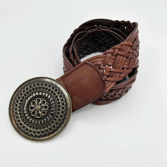 Genuine Leather Country Western Large Buckle Belt Boho Maximalist Size Medium Wo - Picture 1 of 4